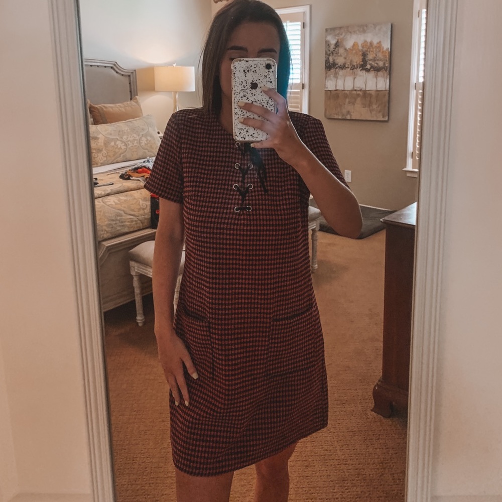 pink and black checkered dress